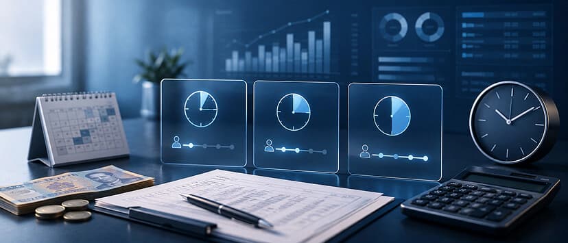 Trei cadrane pentru programe part-time, calendar, ceas și calculator salarial