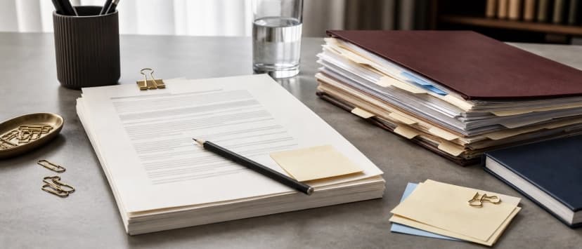 Document de lucru, creion și dosar gros cu anexe aflate în revizuire