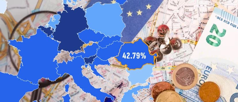 European Union flag, euro banknotes and coins arranged over a map