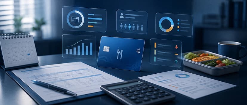 Card de masă, calculator și documente salariale lângă o caserolă cu mâncare